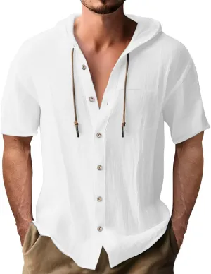 Short Sleeve Hoodies for Men Summer Linen T-Shirts with Pocket Lightweight Button Up Tops Casual Hawaiian Beach Tees