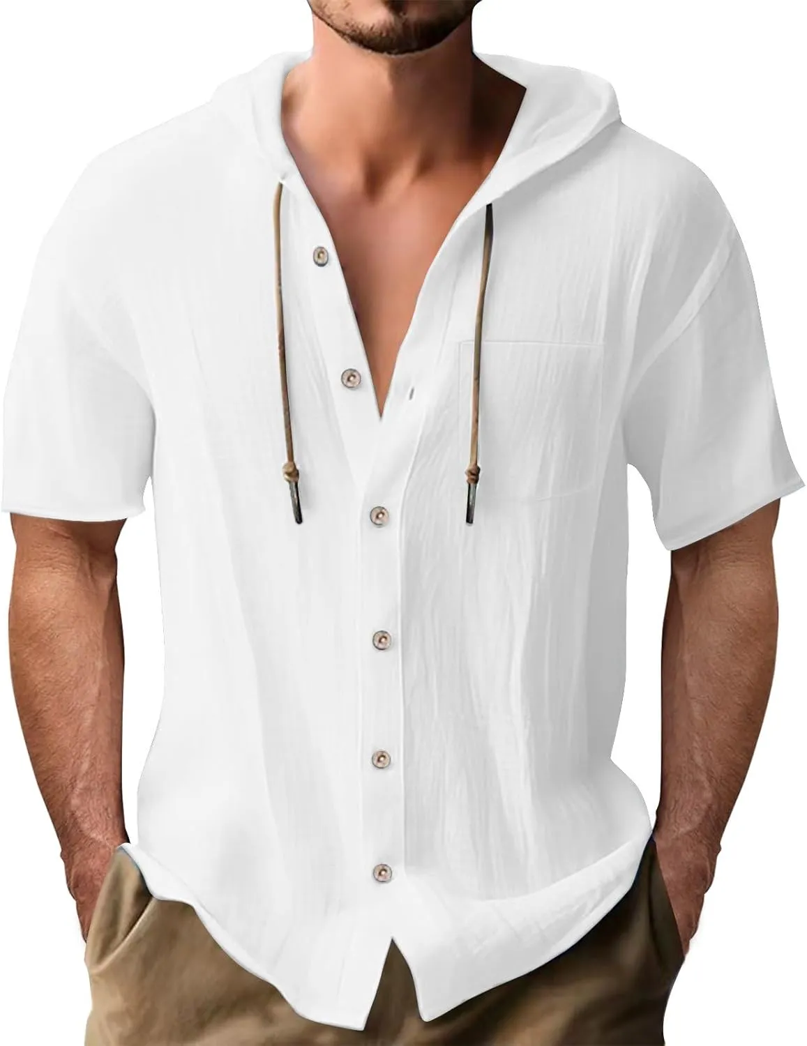 Short Sleeve Hoodies for Men Summer Linen T-Shirts with Pocket Lightweight Button Up Tops Casual Hawaiian Beach Tees