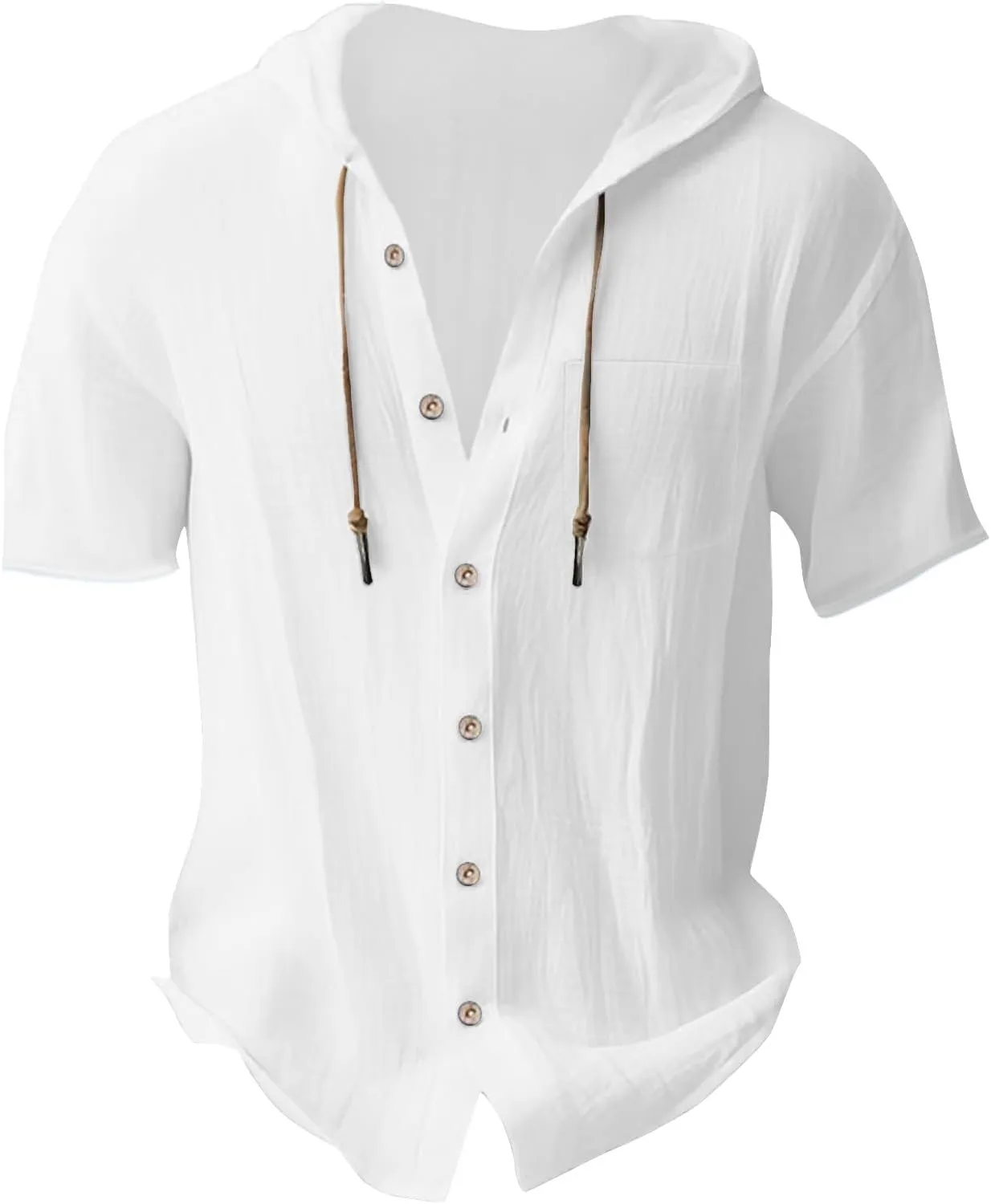 Short Sleeve Hoodies for Men Summer Linen T-Shirts with Pocket Lightweight Button Up Tops Casual Hawaiian Beach Tees
