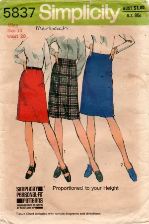 Simplicity 5837 Womens Proportioned Slim Skirts 1970s Vintage Sewing Pattern Waist 28 inches