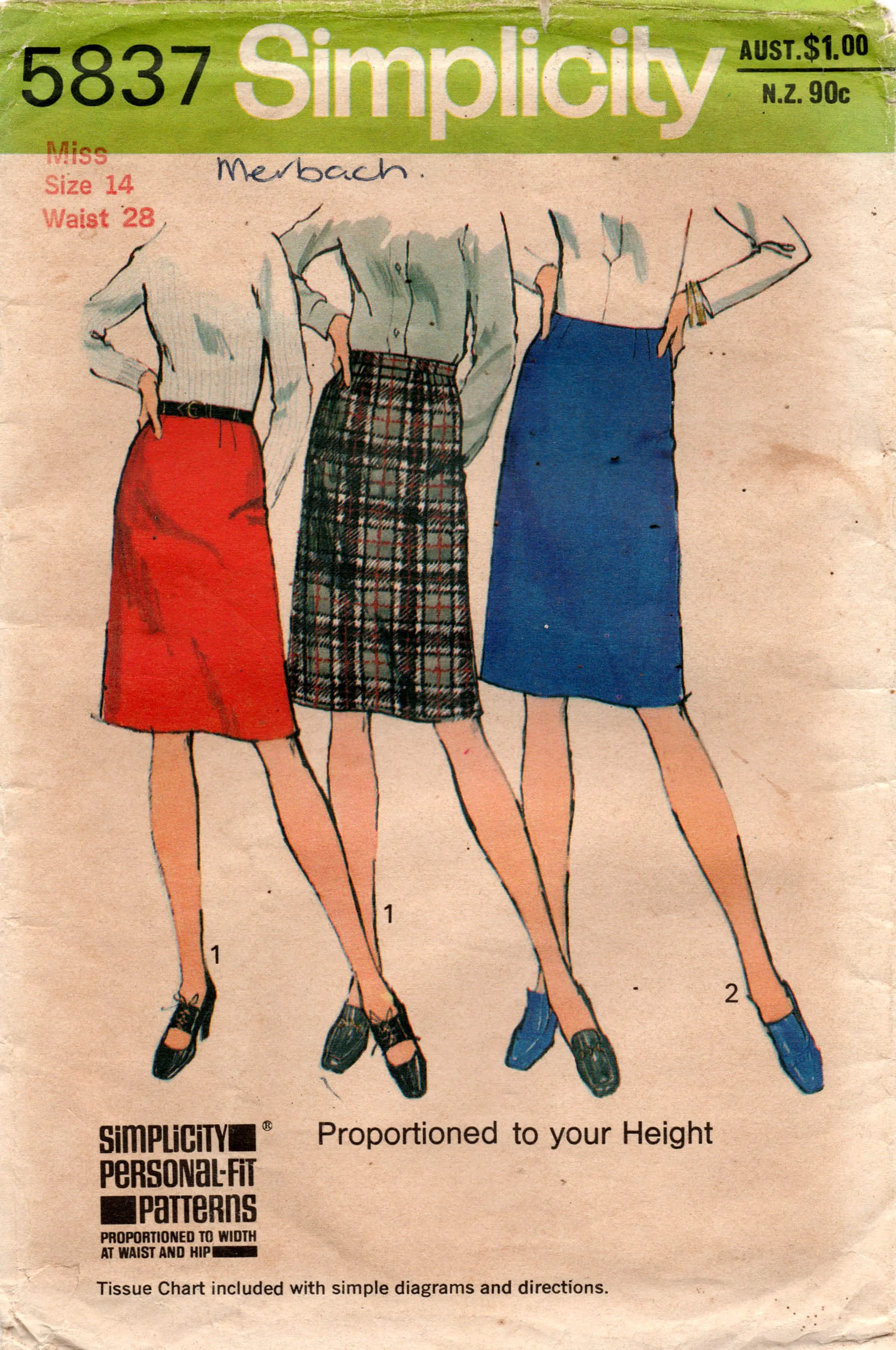 Simplicity 5837 Womens Proportioned Slim Skirts 1970s Vintage Sewing Pattern Waist 28 inches