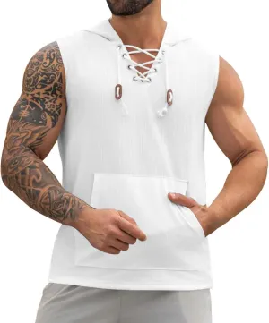 Sleeveless Hoodies for Men Summer Lace Up Tank Tops with Pocket Workout Beach Shirts Fitness Hooded Solid Gym Tees