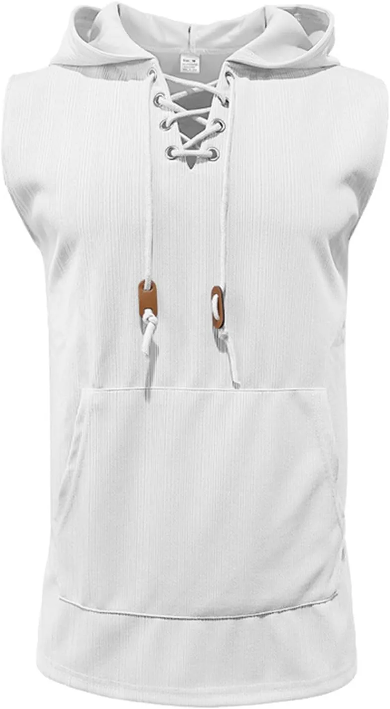 Sleeveless Hoodies for Men Summer Lace Up Tank Tops with Pocket Workout Beach Shirts Fitness Hooded Solid Gym Tees