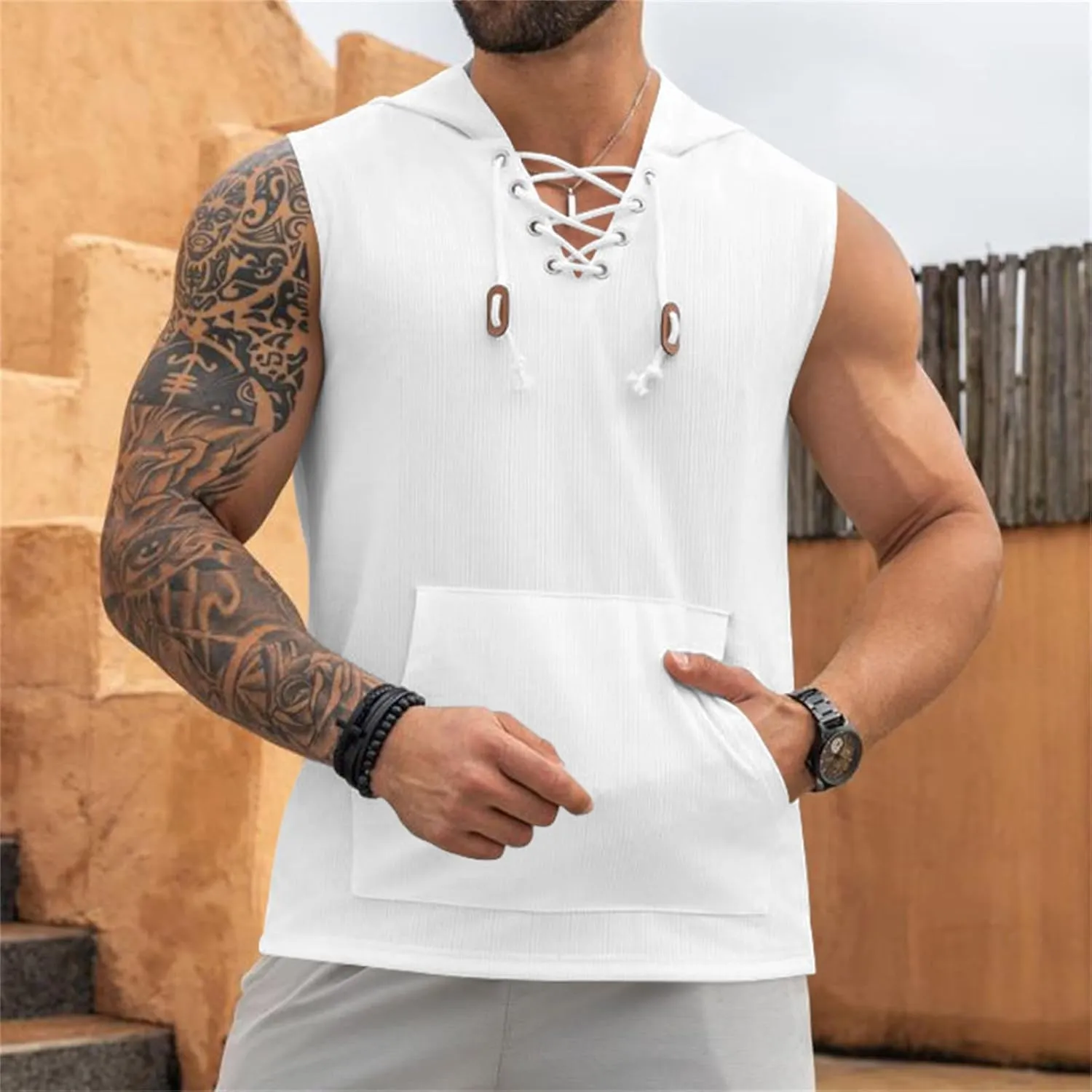 Sleeveless Hoodies for Men Summer Lace Up Tank Tops with Pocket Workout Beach Shirts Fitness Hooded Solid Gym Tees