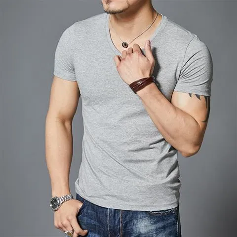 Slim-fit Solid Color V-neck Sports Fitness Half-sleeved T-shirt