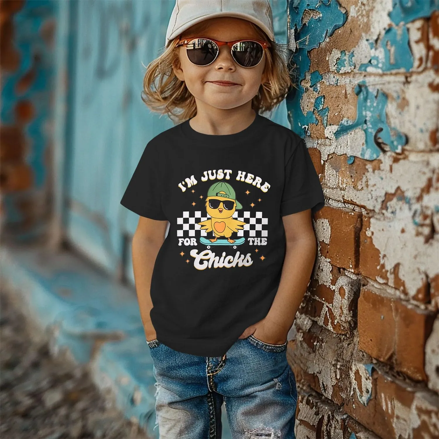 SOFEON Toddler Boy Easter Shirt Funny Chick Skateboard T-Shirt I'm Just Here for The Chicks Graphic Short Sleeve Tees Top