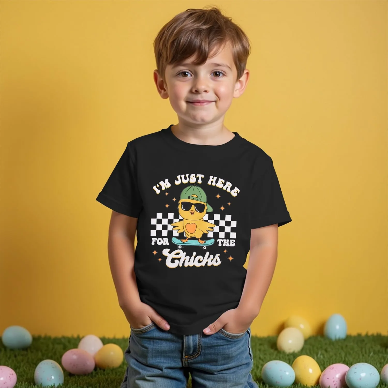 SOFEON Toddler Boy Easter Shirt Funny Chick Skateboard T-Shirt I'm Just Here for The Chicks Graphic Short Sleeve Tees Top