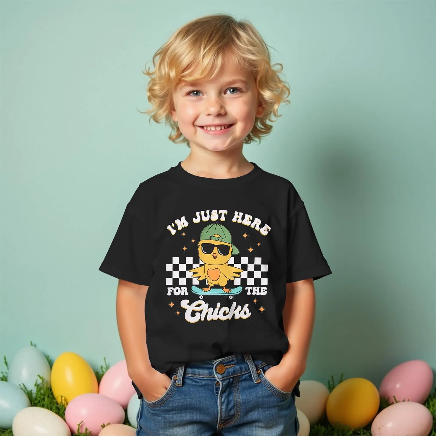 SOFEON Toddler Boy Easter Shirt Funny Chick Skateboard T-Shirt I'm Just Here for The Chicks Graphic Short Sleeve Tees Top