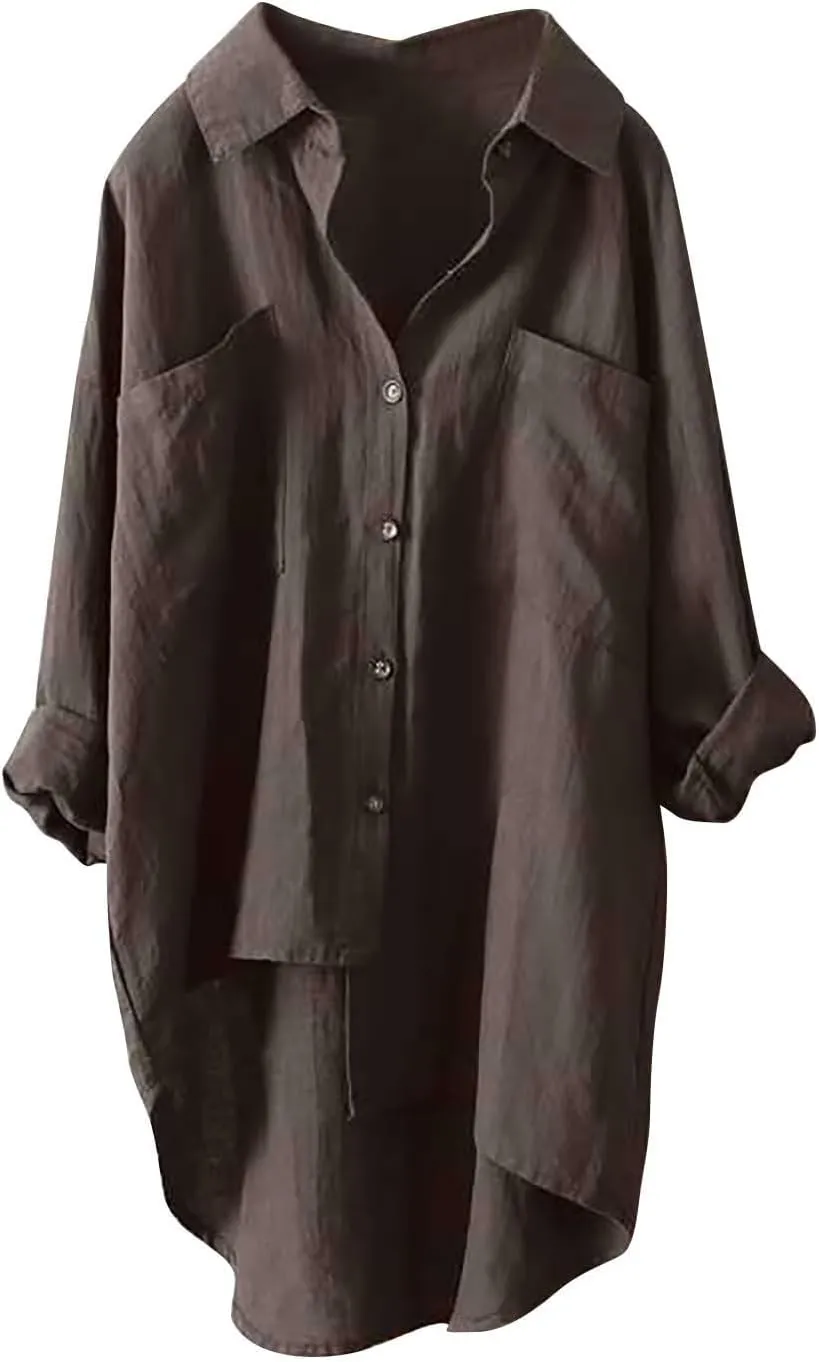 Solid Linen Blouses for Women Long Sleeve High Low Hem Button Down Shirt Oversized Tunic Tops Beach Cover Up Cardigan