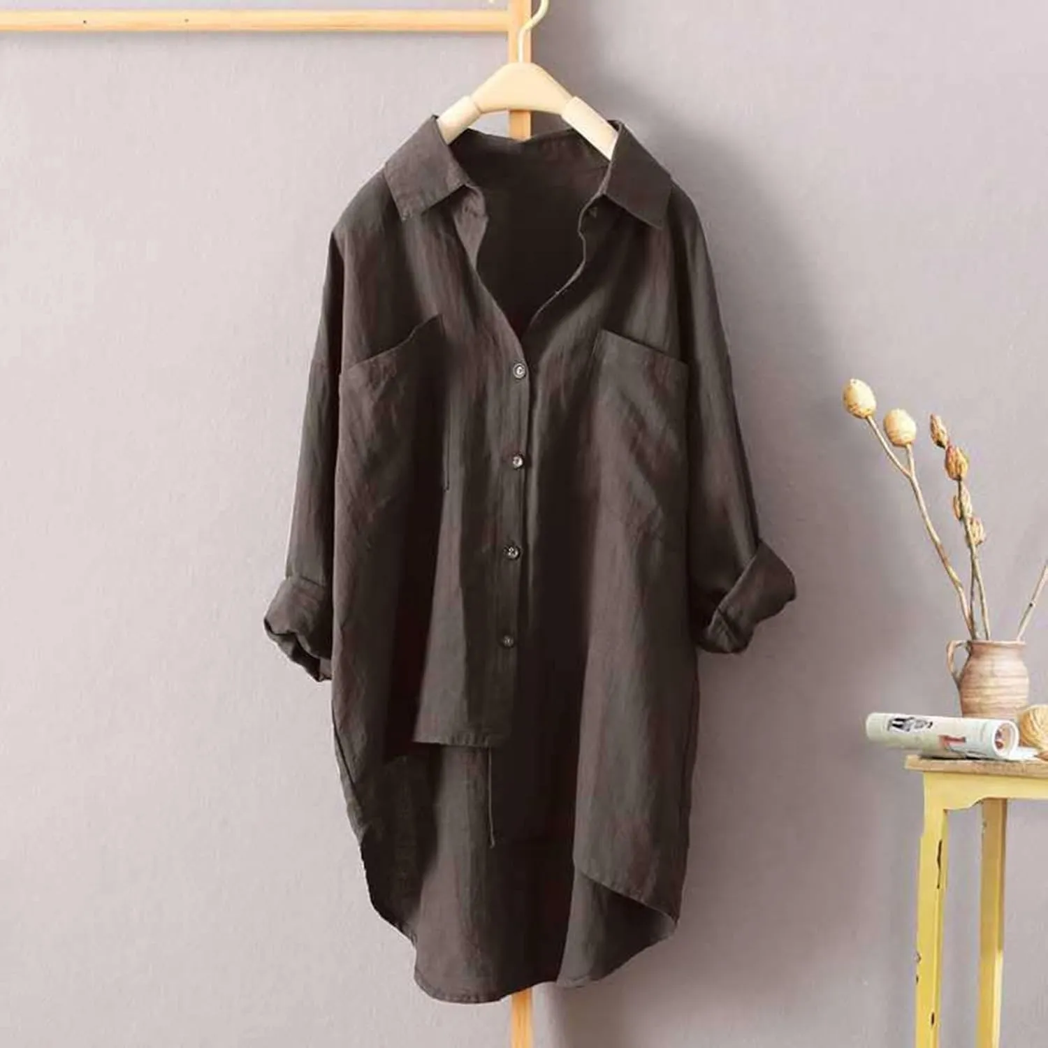 Solid Linen Blouses for Women Long Sleeve High Low Hem Button Down Shirt Oversized Tunic Tops Beach Cover Up Cardigan