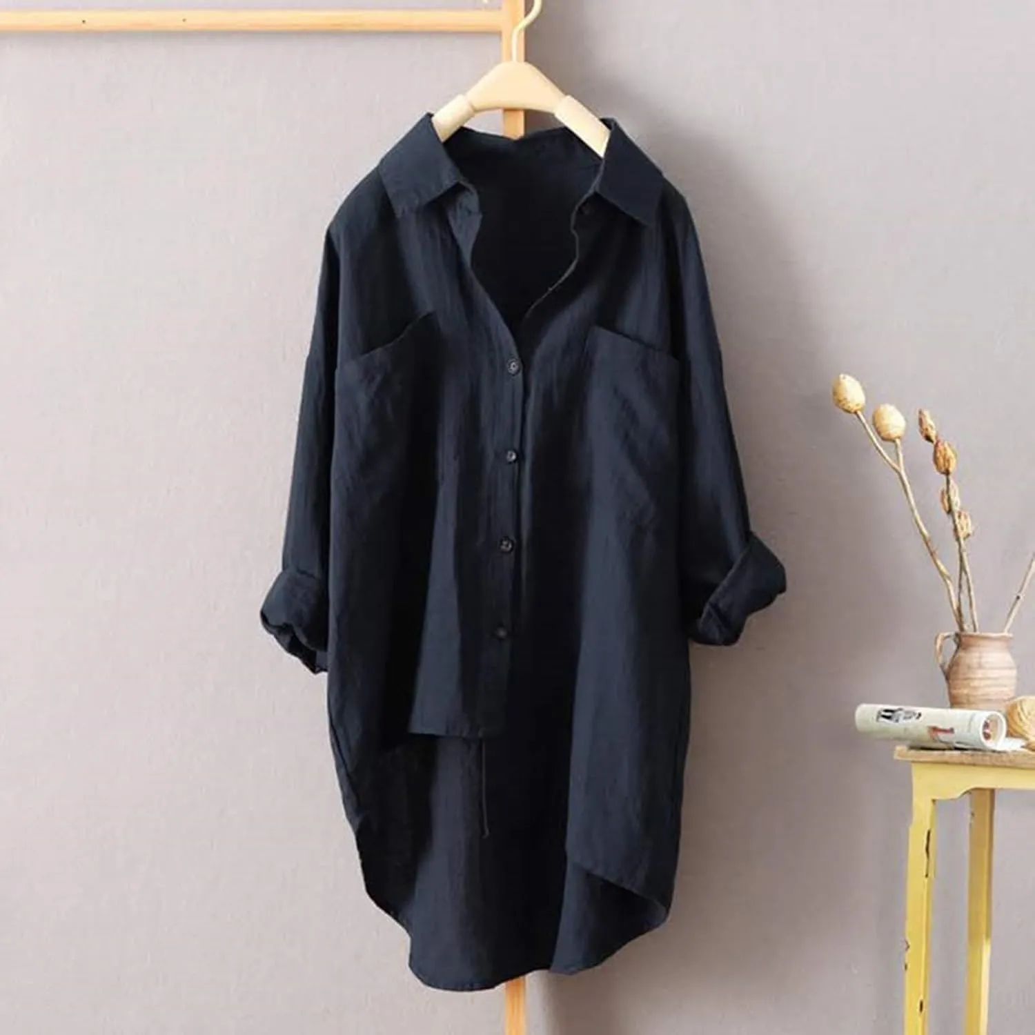 Solid Linen Blouses for Women Long Sleeve High Low Hem Button Down Shirt Oversized Tunic Tops Beach Cover Up Cardigan