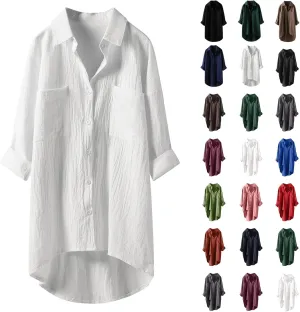 Solid Linen Blouses for Women Long Sleeve High Low Hem Button Down Shirt Oversized Tunic Tops Beach Cover Up Cardigan