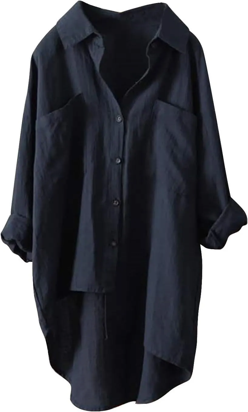 Solid Linen Blouses for Women Long Sleeve High Low Hem Button Down Shirt Oversized Tunic Tops Beach Cover Up Cardigan