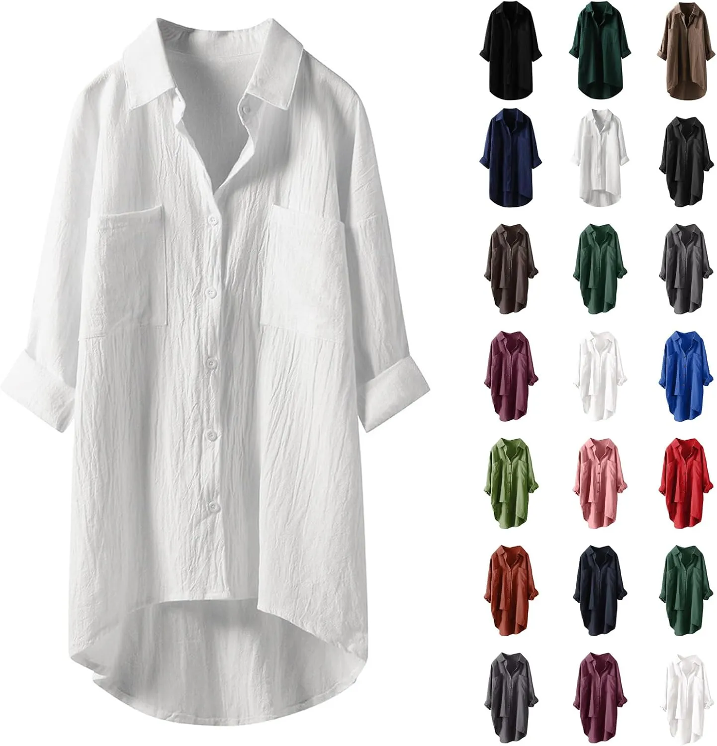 Solid Linen Blouses for Women Long Sleeve High Low Hem Button Down Shirt Oversized Tunic Tops Beach Cover Up Cardigan