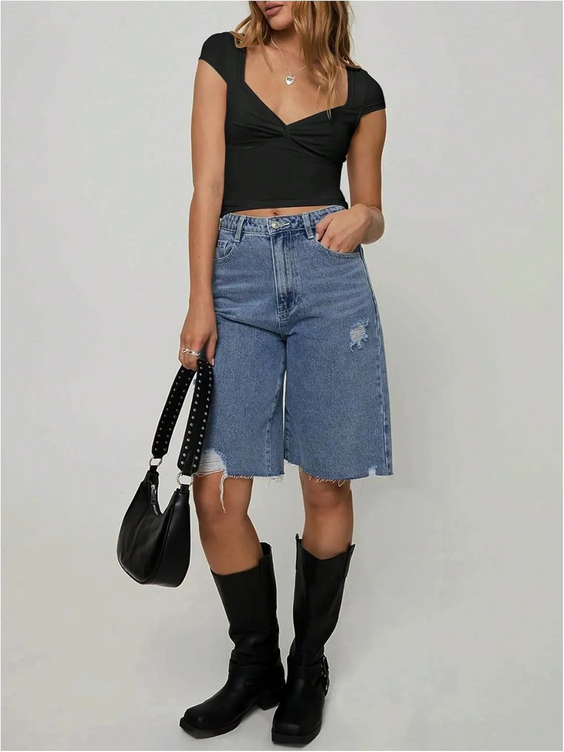 SOLY HUX Women's Short Sleeve Y2k Crop Top Twist Front Sweetheart Neck T Shirts Going Out Slim Fit Tees