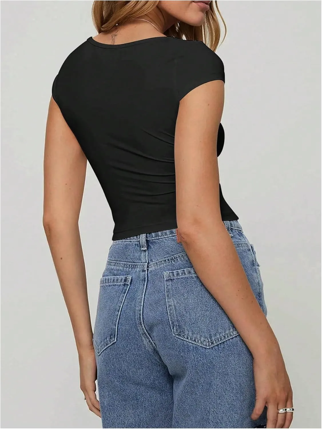SOLY HUX Women's Short Sleeve Y2k Crop Top Twist Front Sweetheart Neck T Shirts Going Out Slim Fit Tees