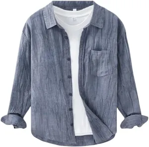 Spring Summer Men's Breathable Ramie Casual Fold Long Sleeve Thin Solid Color Shirts