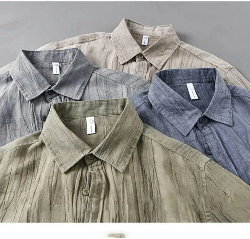 Spring Summer Men's Breathable Ramie Casual Fold Long Sleeve Thin Solid Color Shirts