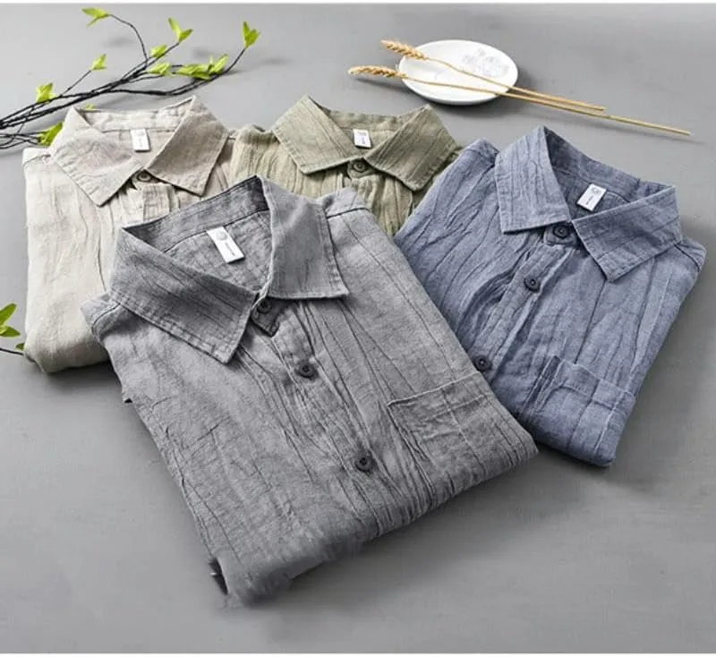 Spring Summer Men's Breathable Ramie Casual Fold Long Sleeve Thin Solid Color Shirts