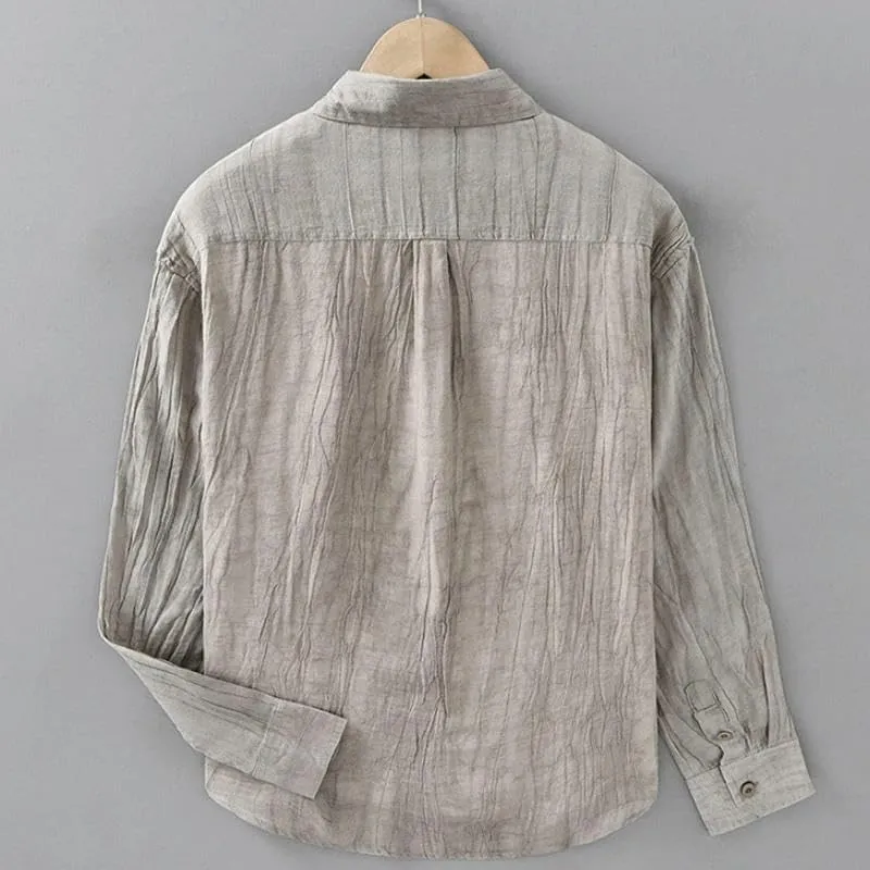Spring Summer Men's Breathable Ramie Casual Fold Long Sleeve Thin Solid Color Shirts