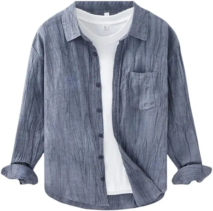 Spring Summer Men's Breathable Ramie Casual Fold Long Sleeve Thin Solid Color Shirts