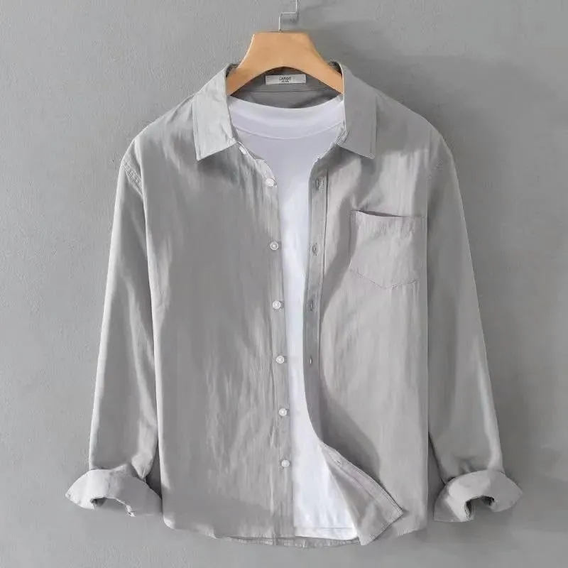Spring Summer Men's Solid Color Linen Long-Sleeved Chinese Style Retro Cotton Linen Shirt