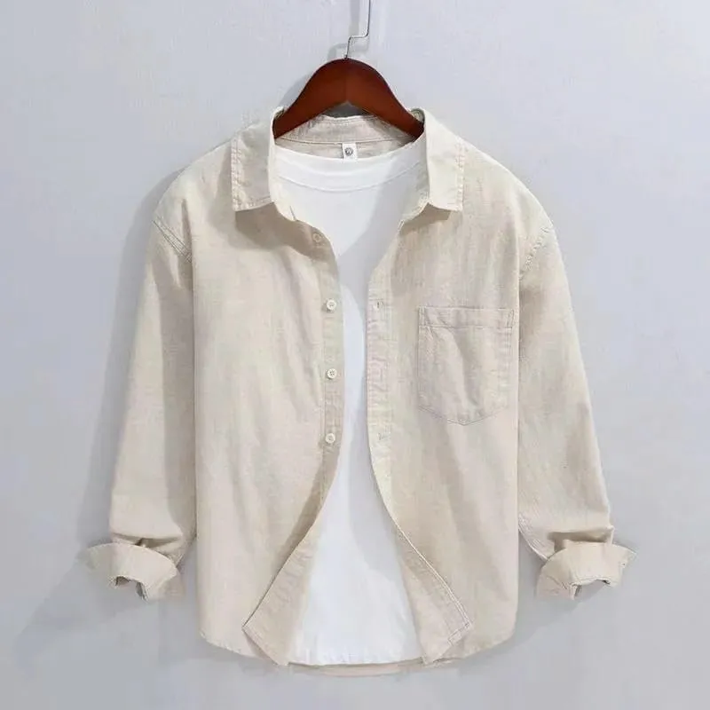 Spring Summer Men's Solid Color Linen Long-Sleeved Chinese Style Retro Cotton Linen Shirt