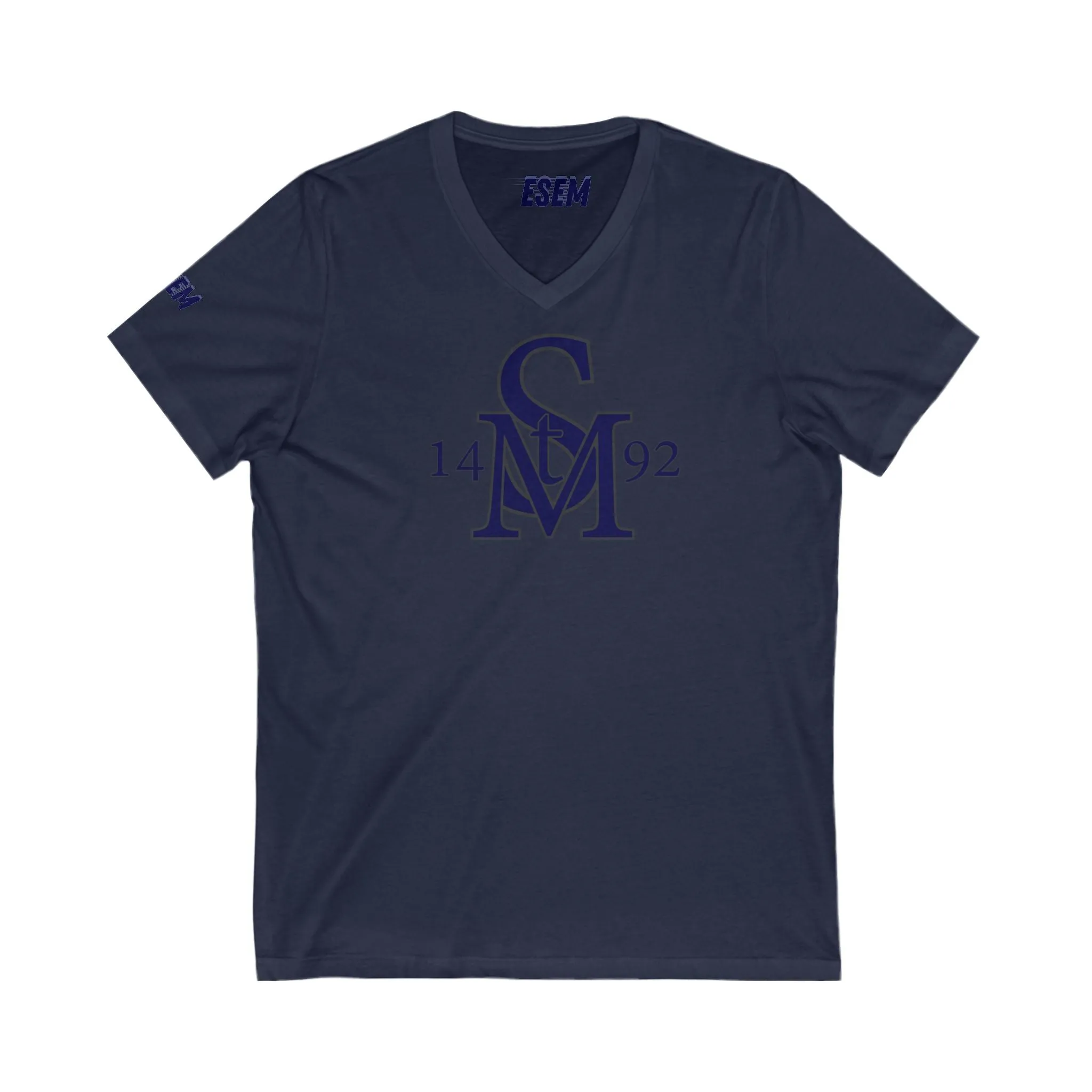 StM 1492 (Navy logo)- Unisex Jersey Short Sleeve V-Neck Tee