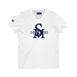 StM 1492 (Navy logo)- Unisex Jersey Short Sleeve V-Neck Tee