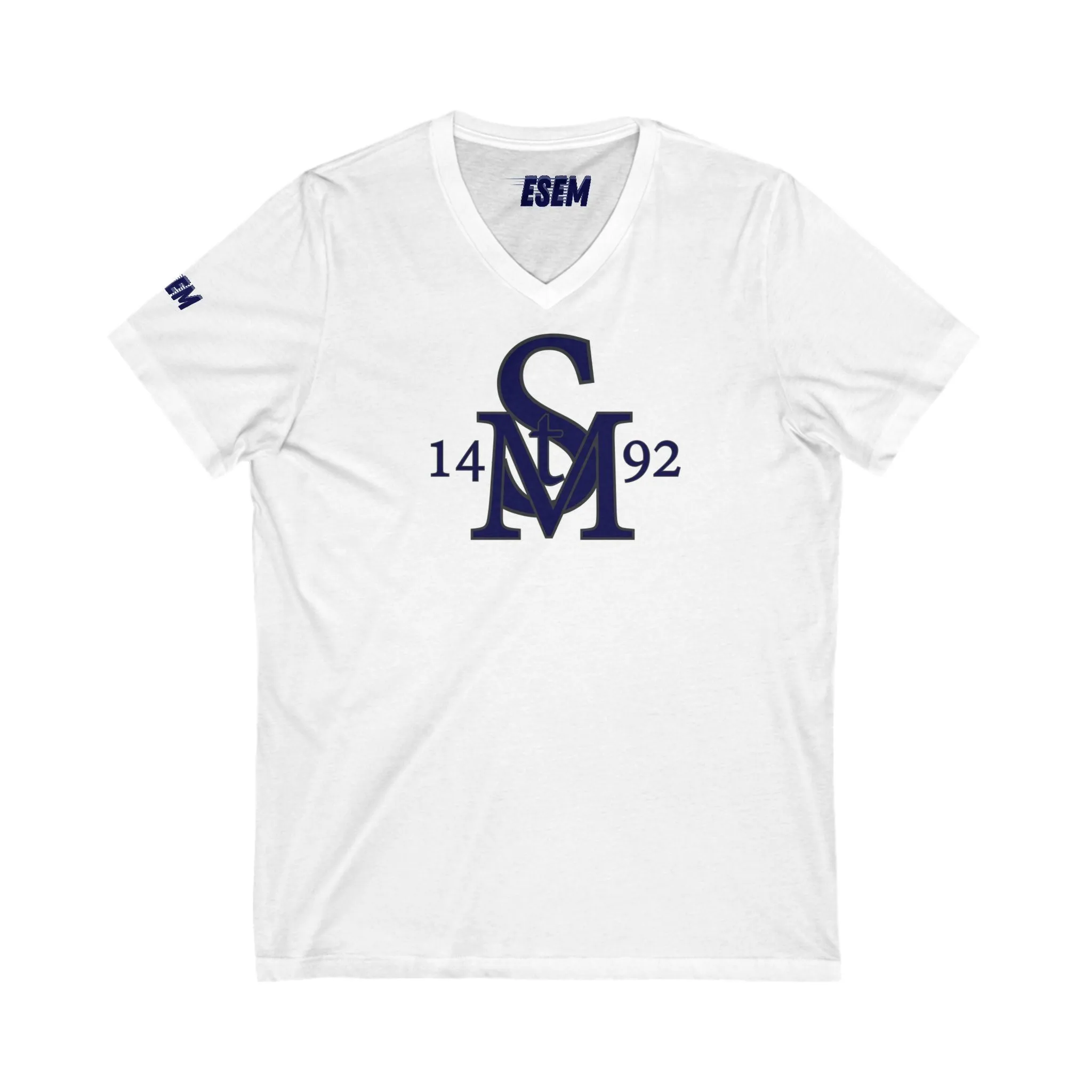 StM 1492 (Navy logo)- Unisex Jersey Short Sleeve V-Neck Tee