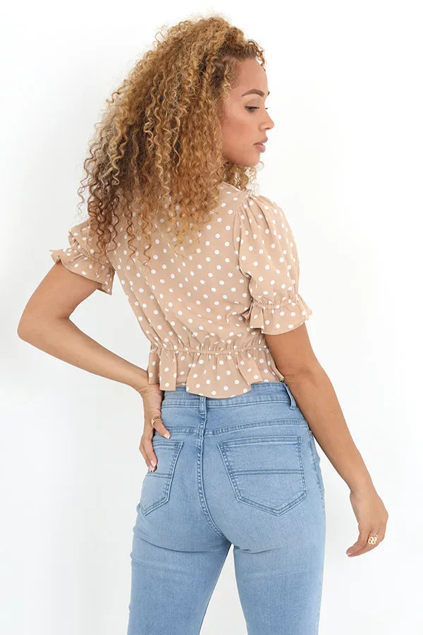 STONE AND WHITE POLKA DOT PRINT RUCHED DETAIL TOP