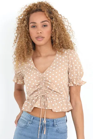 STONE AND WHITE POLKA DOT PRINT RUCHED DETAIL TOP