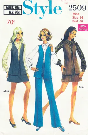 Style 2509 Womens Longline Vest Blouse Skirt & Bell Bottom Pants 1960s Vintage Sewing Pattern Size 14 Bust 36 inches