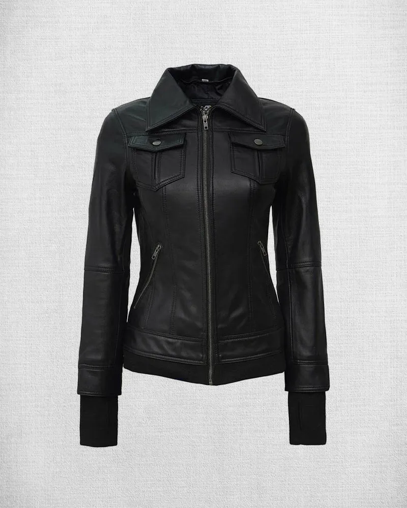Stylish Black Leather Bomber Jacket with Hood