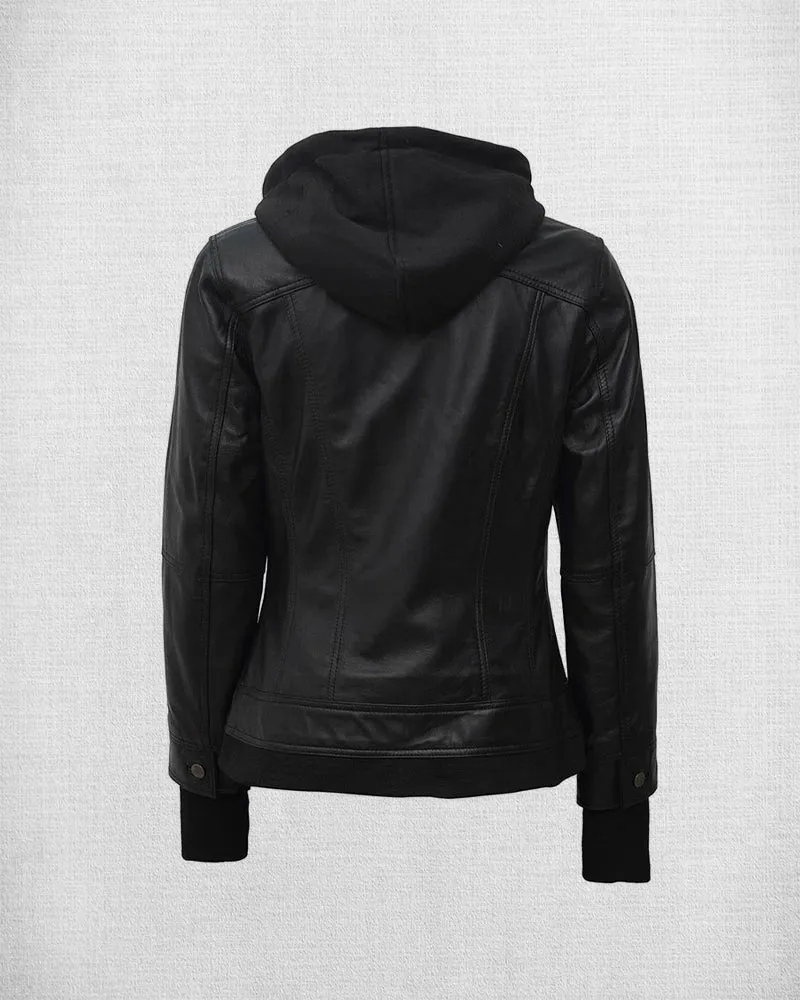 Stylish Black Leather Bomber Jacket with Hood