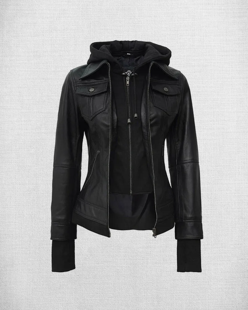 Stylish Black Leather Bomber Jacket with Hood