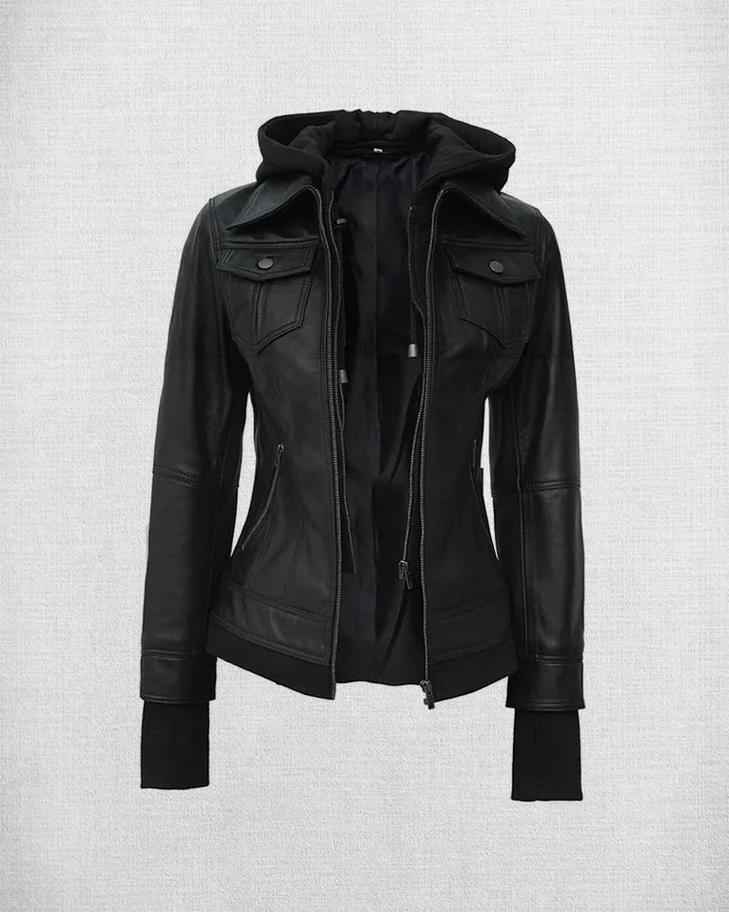 Stylish Black Leather Bomber Jacket with Hood