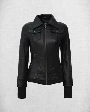 Stylish Black Leather Bomber Jacket with Hood