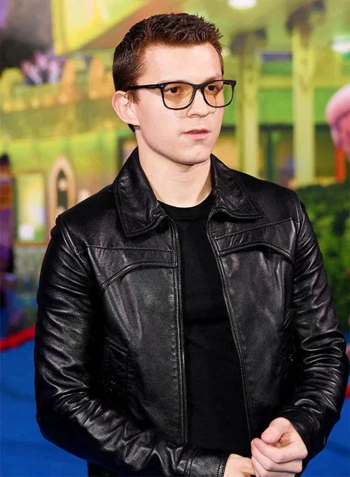 Stylish Black Leather Jacket Worn By Tom Holland | Tom Holland Stylish Black Leather Jacket