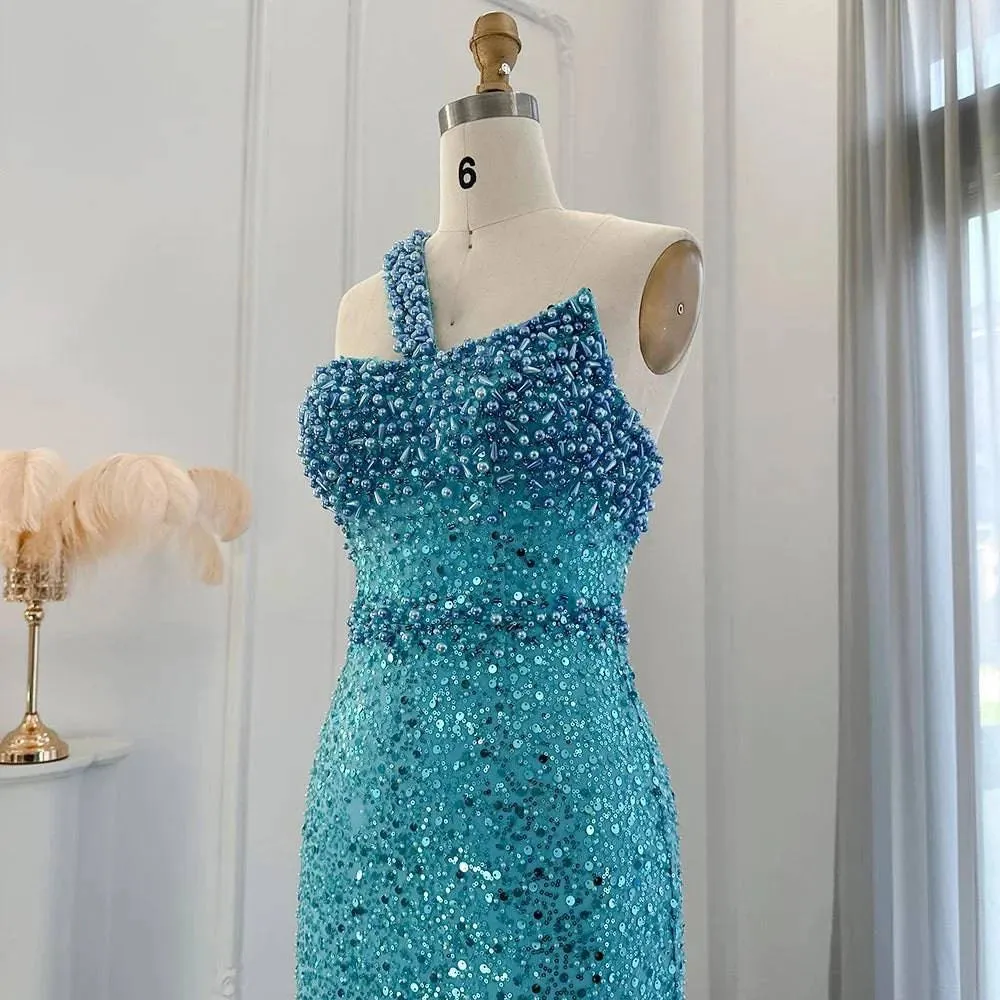 Stylish Turquoise Mermaid Dress One Shoulder Design