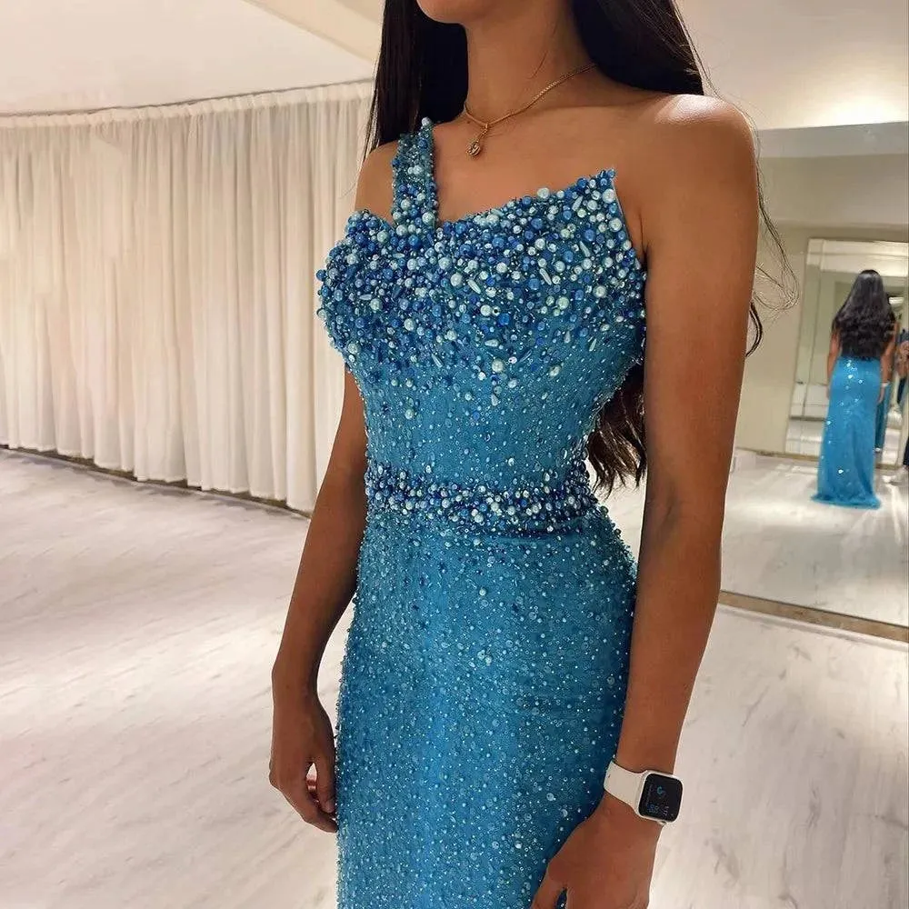 Stylish Turquoise Mermaid Dress One Shoulder Design