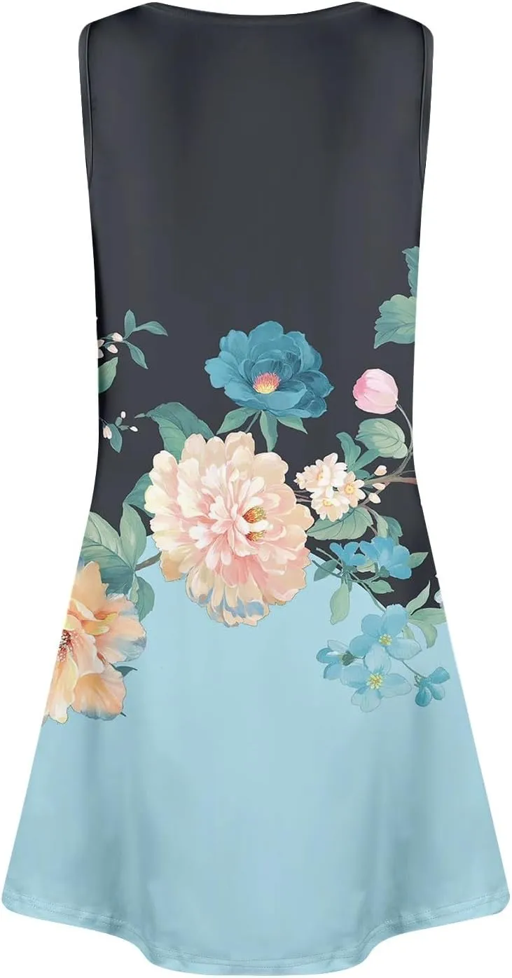 Summer Dresses for Women 2025 Loose Boho Beach Tank Dress V Neck Casual Sundresses Sleeveless Floral T Shirt Dresses