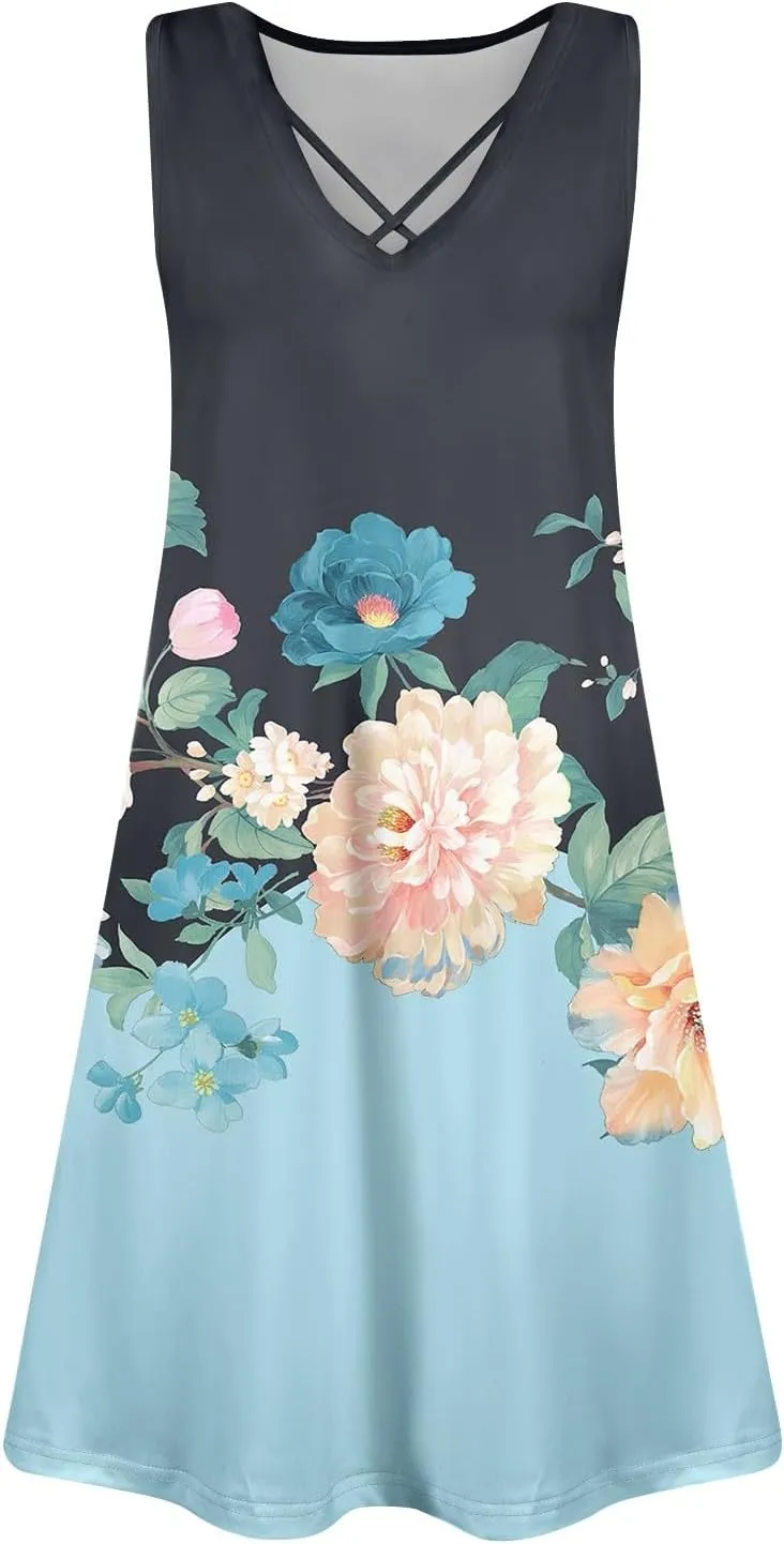 Summer Dresses for Women 2025 Loose Boho Beach Tank Dress V Neck Casual Sundresses Sleeveless Floral T Shirt Dresses