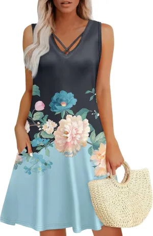 Summer Dresses for Women 2025 Loose Boho Beach Tank Dress V Neck Casual Sundresses Sleeveless Floral T Shirt Dresses