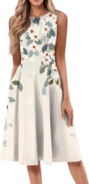 Summer Dresses for Women 2025 Midi Short Sleeve Crew Neck Sleeveless Dresses Beach Sundress with Side Pocket A Line Dress