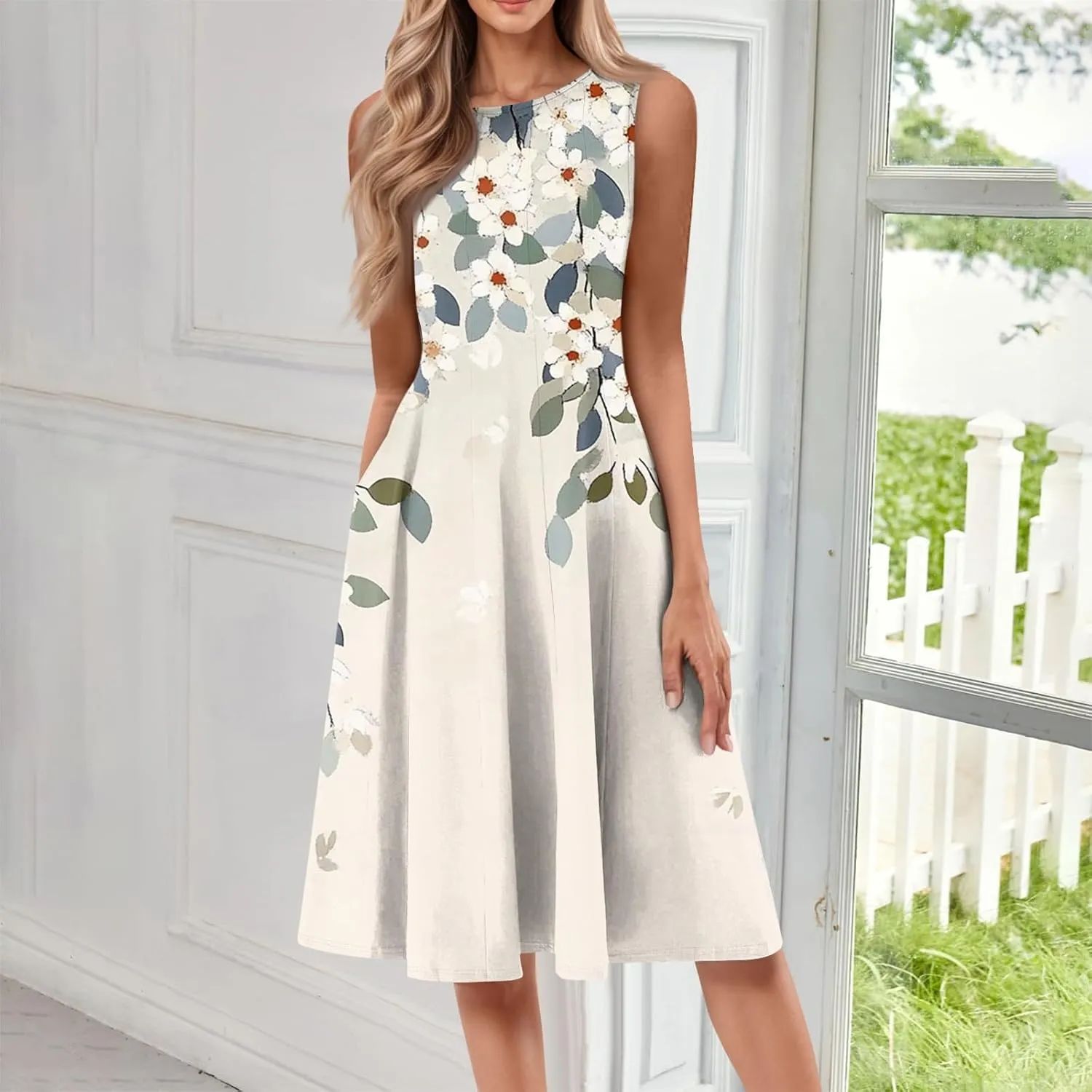 Summer Dresses for Women 2025 Midi Short Sleeve Crew Neck Sleeveless Dresses Beach Sundress with Side Pocket A Line Dress