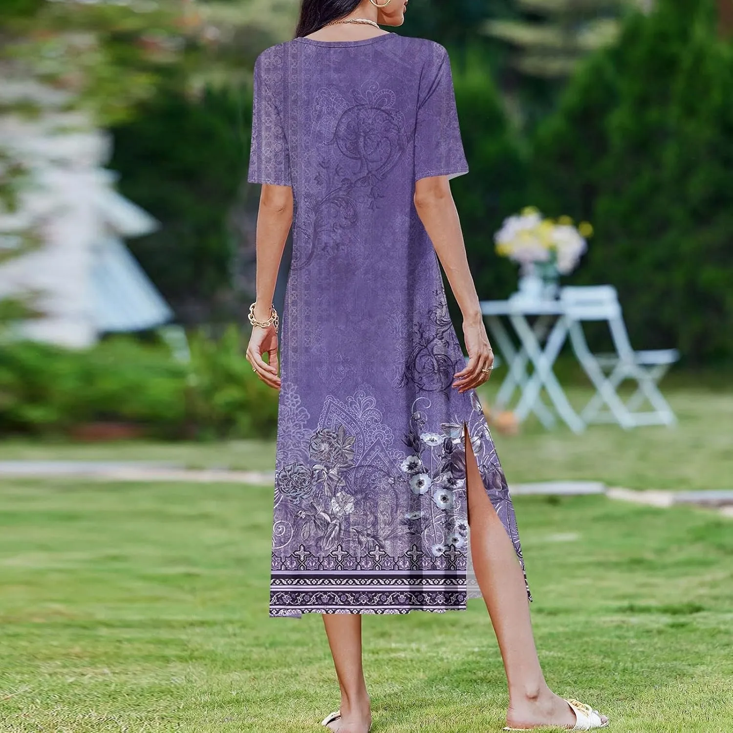 Summer Dresses for Women Floral Print T Shirt Dress Short Sleeve Beach Dress Loose Casual Split Long Dress with Pockets
