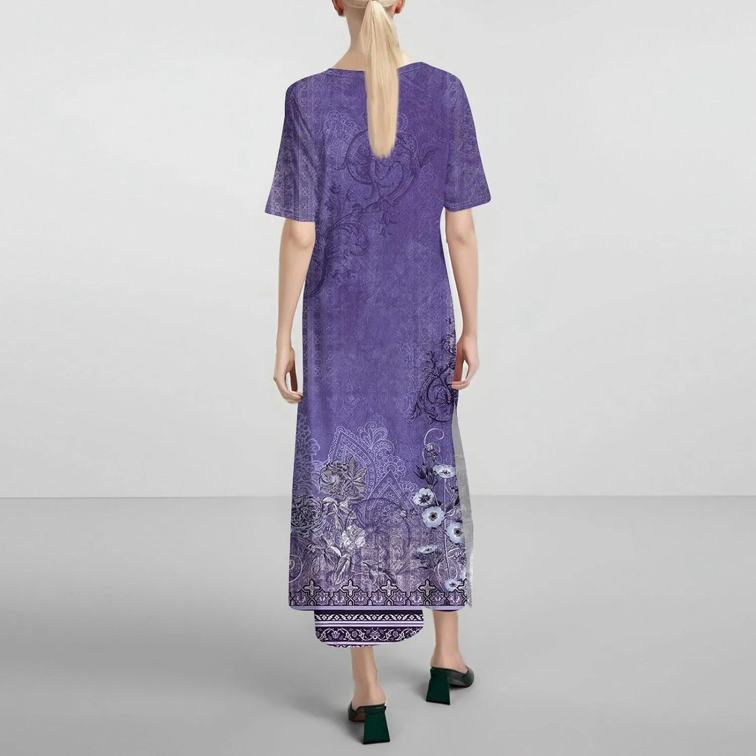 Summer Dresses for Women Floral Print T Shirt Dress Short Sleeve Beach Dress Loose Casual Split Long Dress with Pockets
