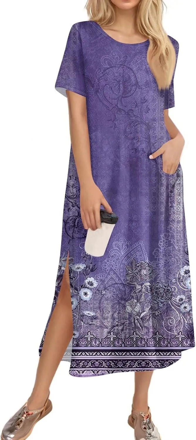 Summer Dresses for Women Floral Print T Shirt Dress Short Sleeve Beach Dress Loose Casual Split Long Dress with Pockets