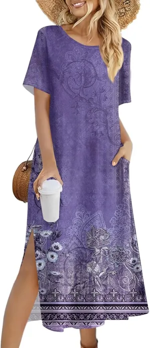 Summer Dresses for Women Floral Print T Shirt Dress Short Sleeve Beach Dress Loose Casual Split Long Dress with Pockets